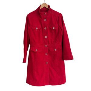 Per Una Cherry Red Winter Coat Sz 14 Brushed Velvet Preppy Satin Twee 3/4 Bold